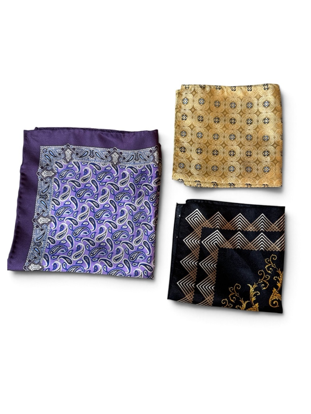 Men’s Pocket Square Set of 3 Black Gold Purple Paisley & Geometric
